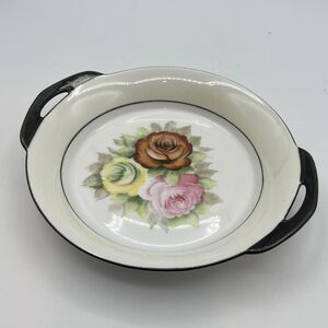 Vtg Noritake Black Floral Pink Roses Dish Bowl Handle Art Deco Hand Painted 7.5"